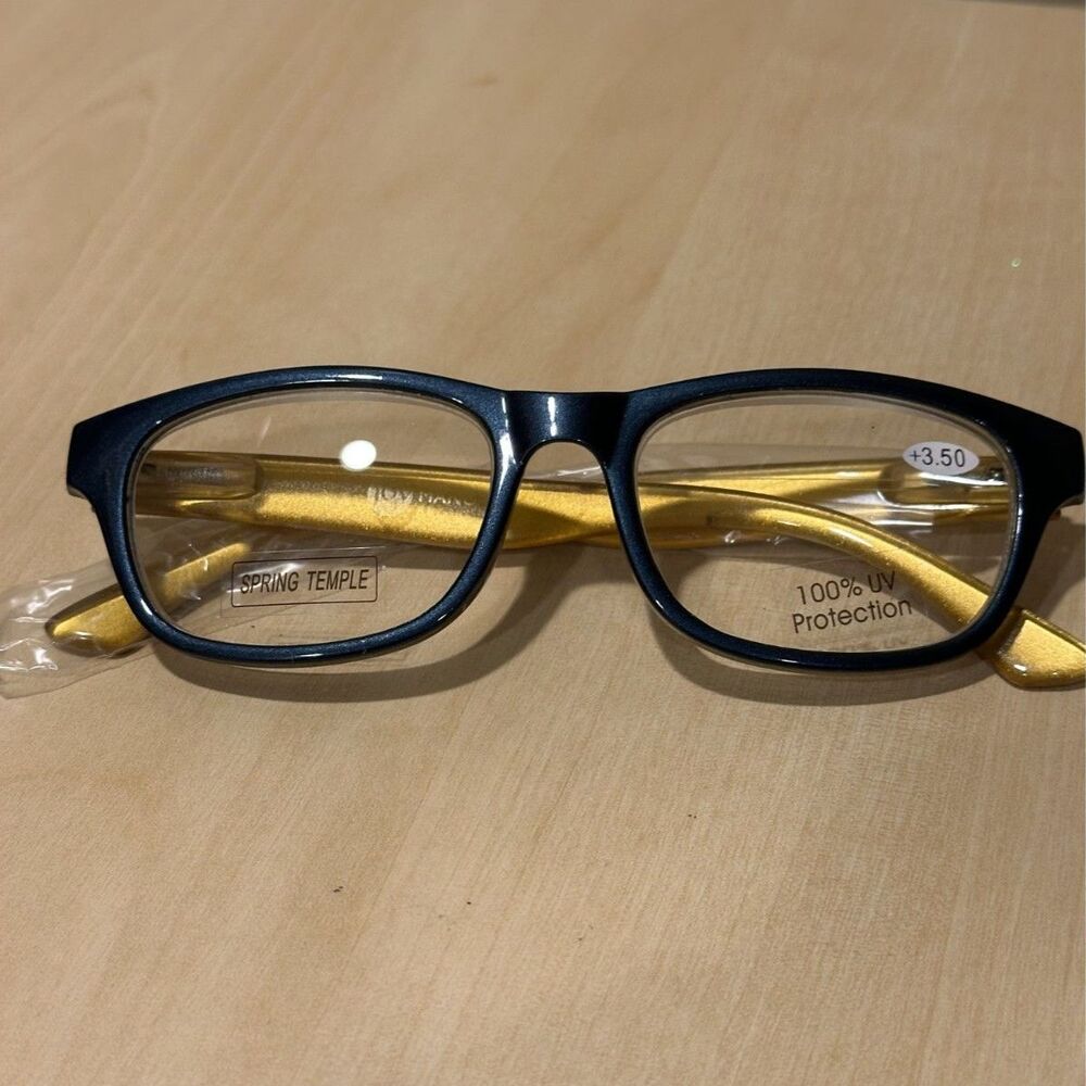 Joy Mangano Reading Glasses +3.50 Dark Blue Gold Frame Spring Hinge UV New